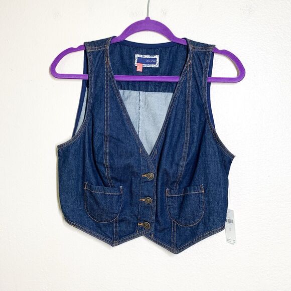 Pilcro Anthropologie Denim Vest Top US 12 Dark Blue Cropped Pockets Cotton NWT - Picture 1 of 7